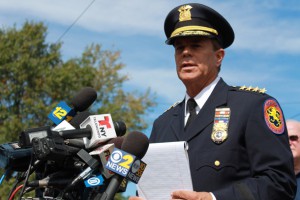 Steve Skrynecki, NCPD Chief of Department, at a press conference Wednesday regarding shooting in Garden City. (Rashed Mian/Long Island Press)