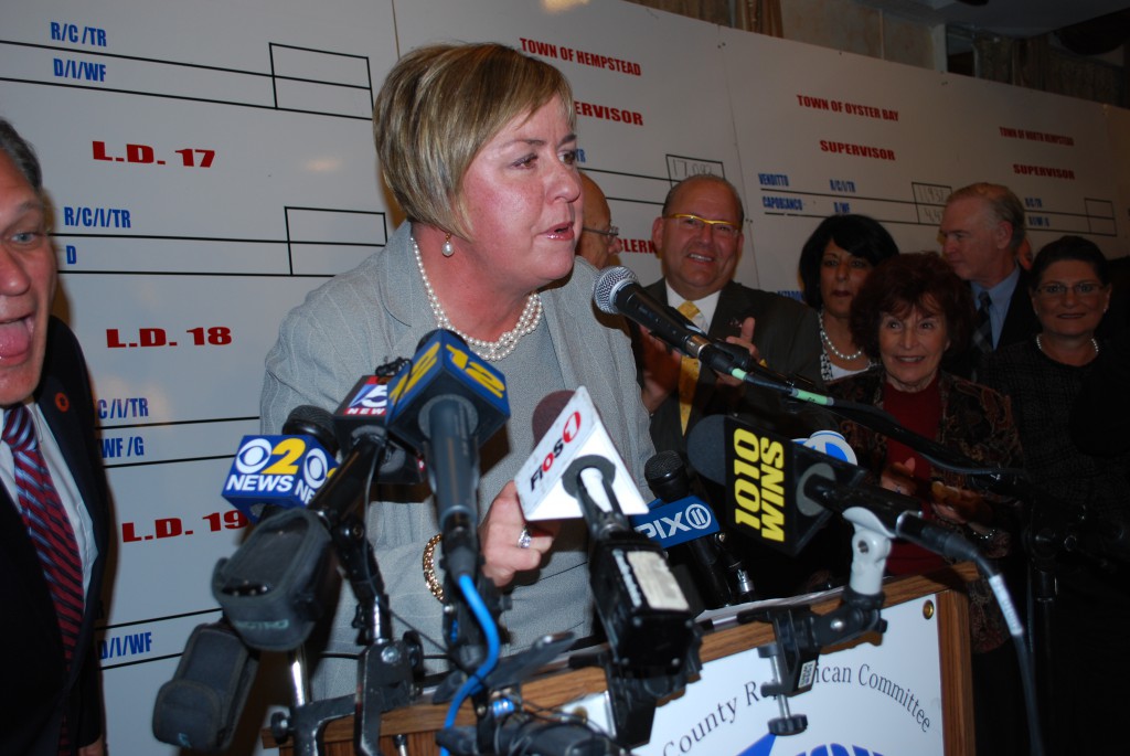 Town of Hempstead Supervisor Kate Murray, a Republican, speaks to supporters following her big win. (Christopher Twarowski/Long Island Press)