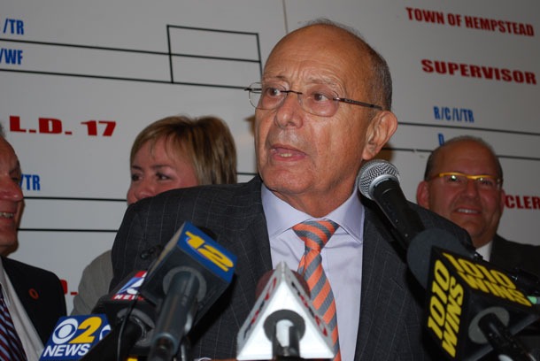 The charged-up former U.S. senator-turned-lobbyist Alfonse D'Amato pulled no punches during a lengthy anti-Newsday tirade Tuesday, Nov. 5, 2013 at Nassau County GOP's Election Night celebration in Westbury, slamming the newspaper for among other things, failing to disclose hundreds of thousands of dollars in campaign contributions its parent company Cablevision gave to Nassau County Executive Ed Mangano's opponent, Tom Suozzi, while endorsing the Democrat (who was a paid consultant for the company's MSG Varsity). (Christopher Twarowski/Long Island Press)