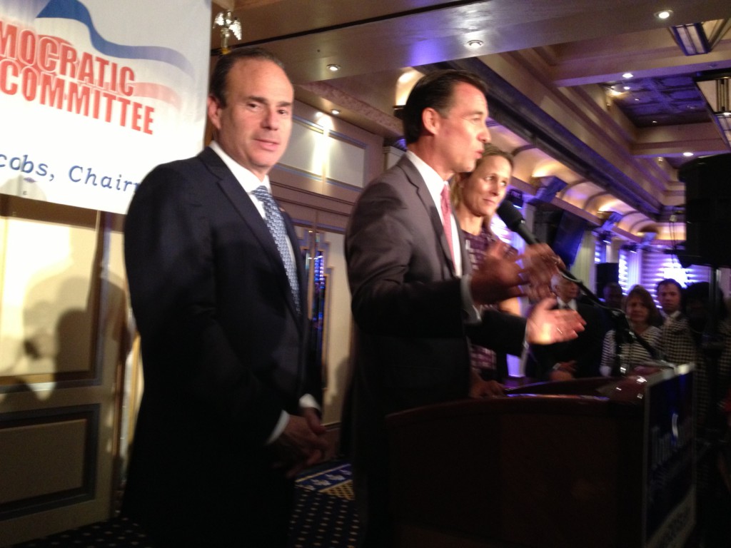Third Time's Not the Charm: Jay Jacobs stands next to Tom Suozzi and his wife Helene as the former two-term Nassau County Executive concedes the election on Nov. 5. (Spencer Rumsey/Long Island Press)