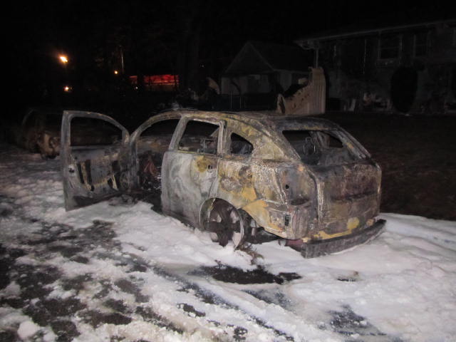 A photo of the charred vehicle involved in an accident with a tanker that erupted into flames. (Photo by Vincent Scaduto, Bellmore Fire Department)