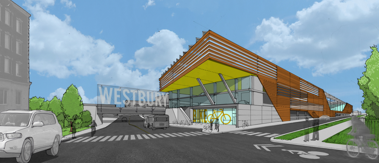 An artists' rendering of a proposed parking lot complex in Westbury.