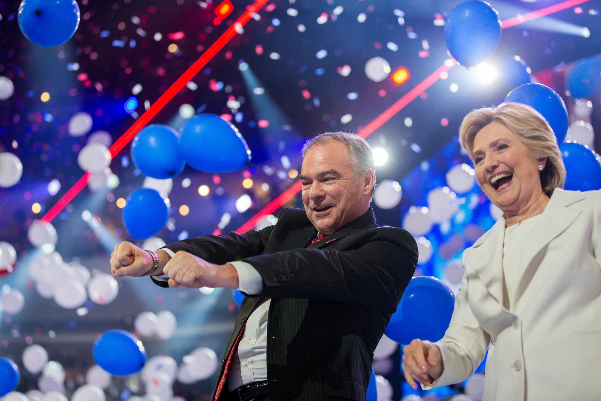 Hillary Clinton with her Vice Presidential candidate, Sen. Tim Kaine (D-Va), following her acceptance speech on Thursday, July 28, 2016 at the Democratic National Convention. (Photo credit: Michael Davidson for Hillary for America/flickr)