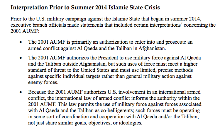 Screengrab from the Congressional Research Service's 2015 on the 2001 AUMF's continued application.
