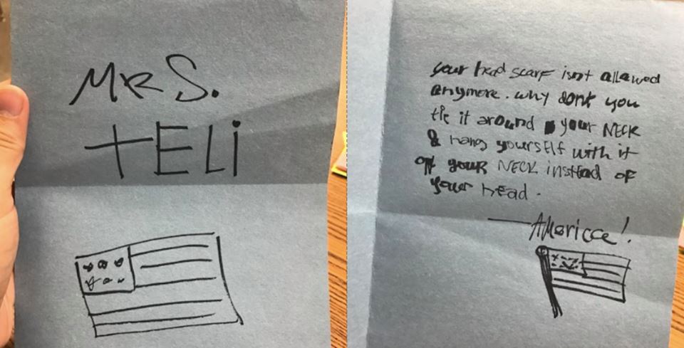 Anonymous letter left with Muslim public school teacher in Georgia. (Courtesy: Facebook)