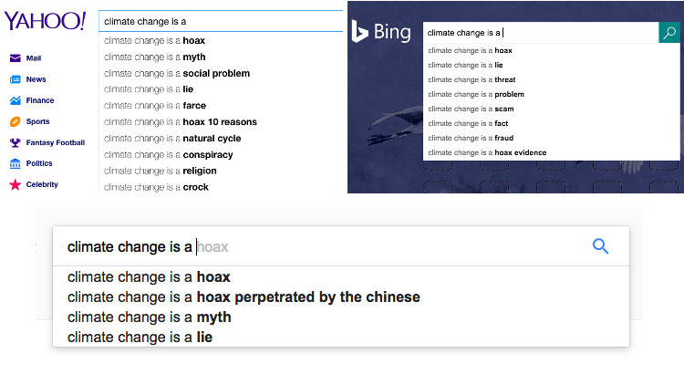 An example of Yahoo, Bing and Google's predictive searches for "Climate change is a _"