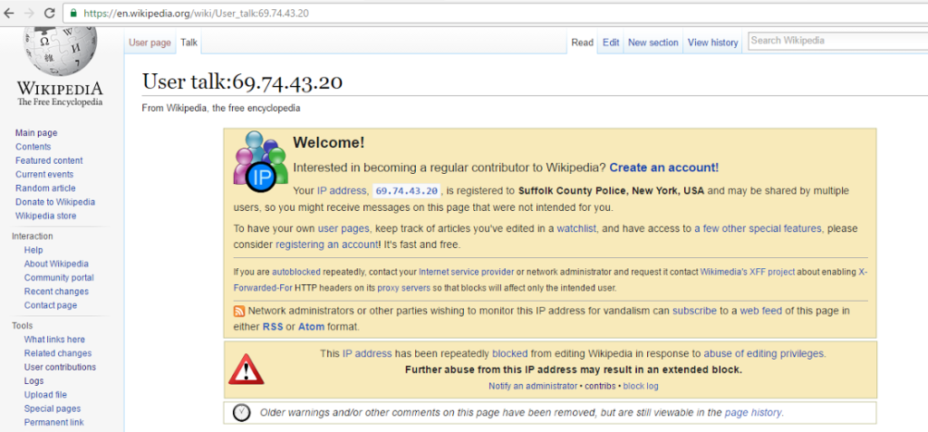 A screengrab of the Wikipedia page linking Suffolk County police to the IP address used to accuse a former corrections of being the Long Island Serial Killer.