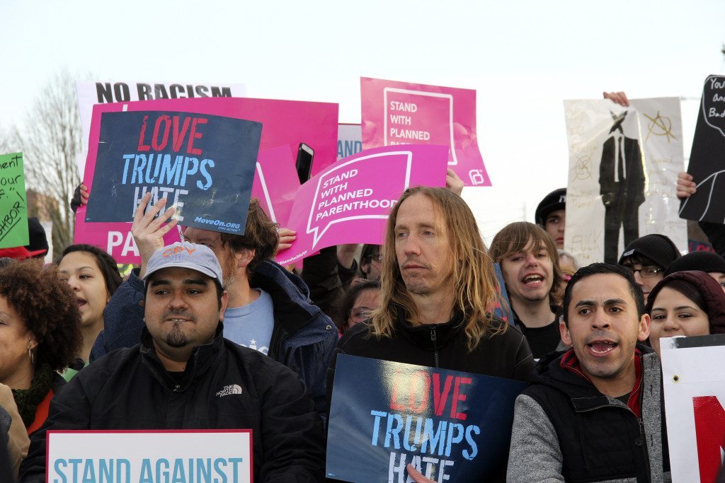 Protesters gather against Trump.