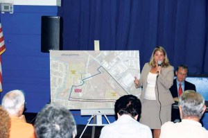 Councilwoman Rebecca Alesia leads a public forum regarding Old Bethpage land.              (Photo by Steve Mosco)