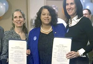 Assemblywoman Michaelle C. Solages (center) honors Julie Bouchet-Horwitz, the milk bank’s executive director and Dr. Lauren Macaluso