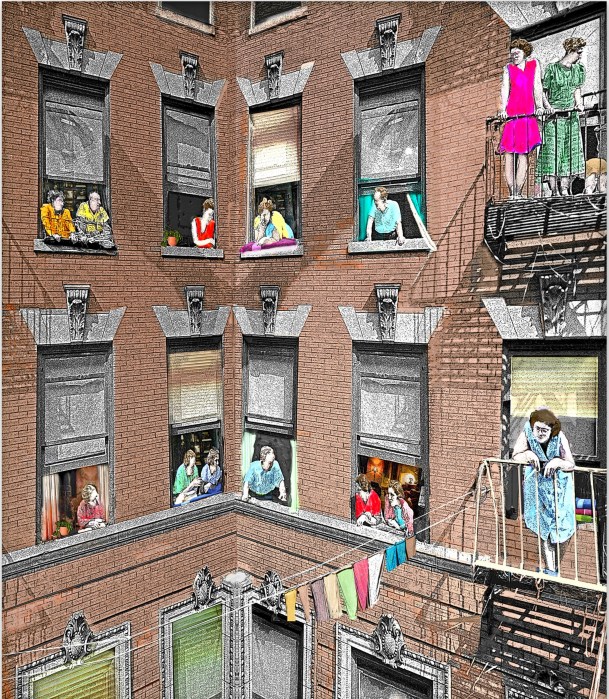 Alan Richarsds' "So, What's New?" puts together images of women looking out of their window keeping up with the latest neighborhood news.