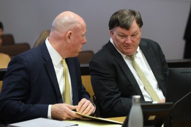 Suspected Long Island serial killer Rex Heuermann, right, with his attorney Michael Brown, inside Judge Tim Mazzei’s Suffolk County courtroom.