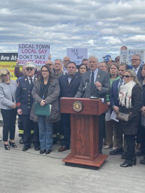 Nassau Republicans oppose wind and energy projects at the Long Beach Fire Department on Wednesday, April 16