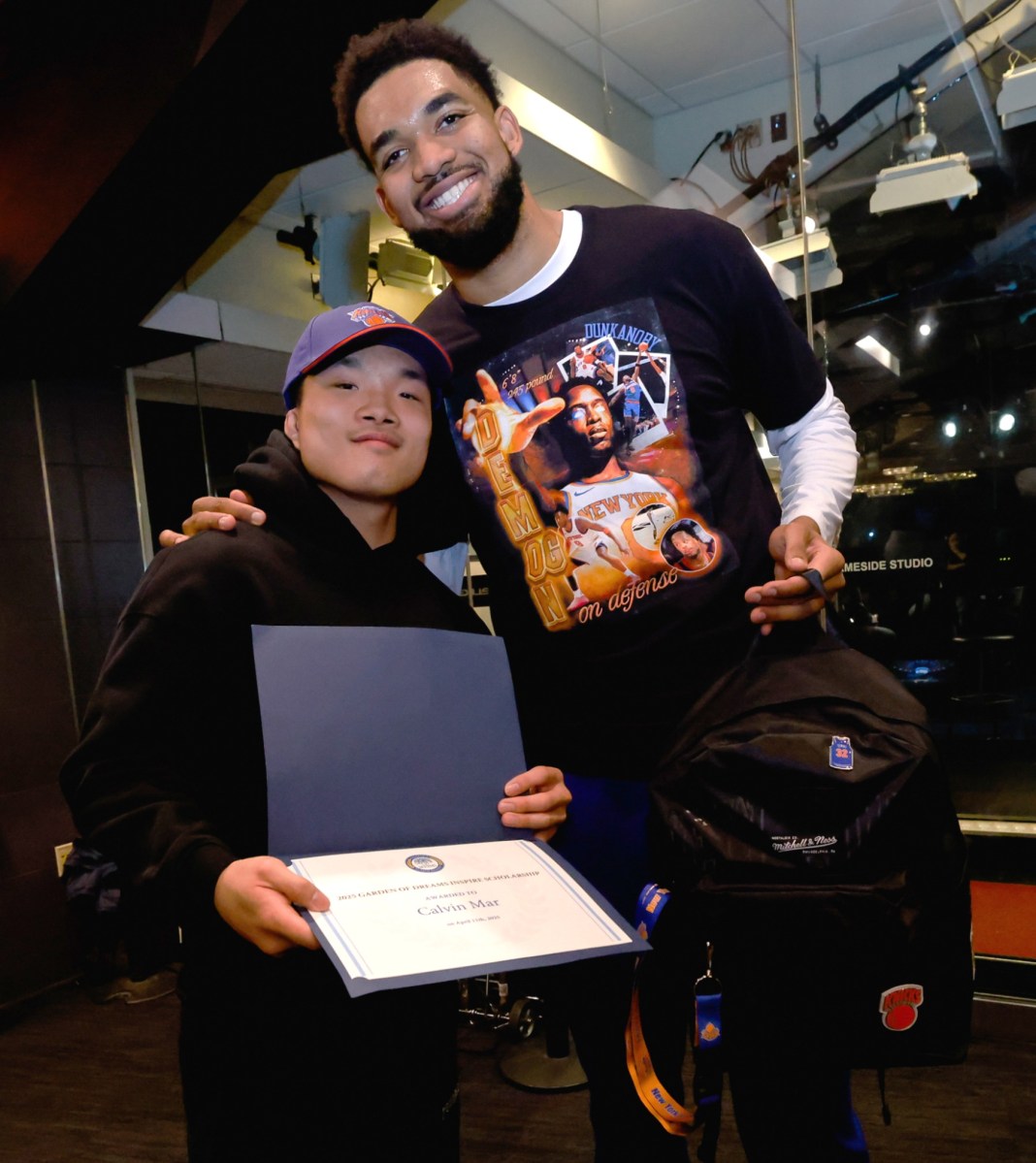 Port Washington teen Calvin Mar received the Garden of Dreams Foundation's $60,000 Inspire Scholarship from Knicks player Karl-Anthony Towns.