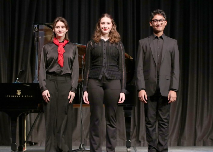 The Great Neck North High ensemble members Julianna Miano (L.), Nina Bikhman (Center) and Taj Malhotra (R.) will perform.