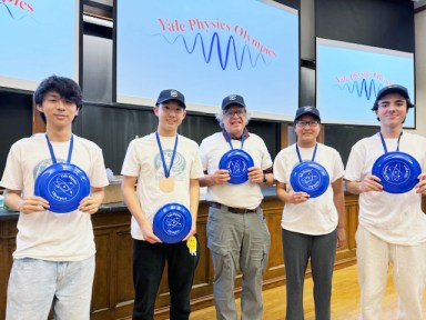 From left to right, Great Neck North High's Aiden Jin, Nathan Zhong, advisor Alan Schorn, Serena Chen, and Julian Elihu.