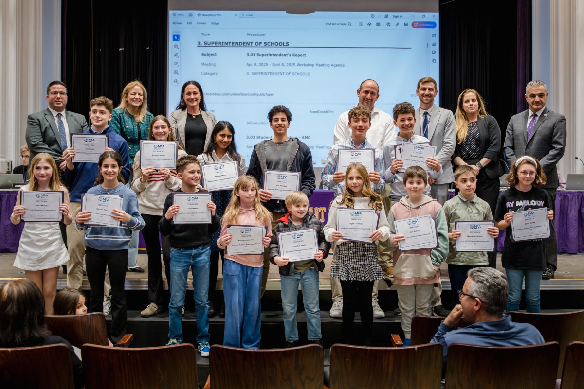James H. Vernon School and Oyster Bay Middle/High School students were recognized for their participation in the American Mathematics Competition at the Tuesday, April 8 board of education meeting