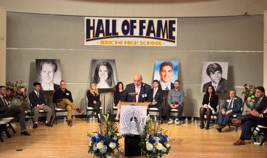 Master of Ceremonies Matthew DeMarinis announces the Jericho Hall of Fame inductees, Jesse Neuman, Leslie Drogin Sack, Max Motschwiller and Dr. John Pellicone (L. to R.)