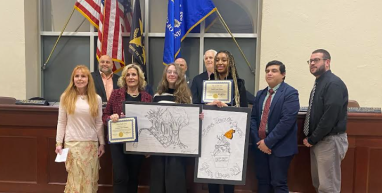 Beautification Commission Chairwoman Lora Cusumano, Mayor Pam Panzenbeck, Giorgina Rose Dondero, Nahla Loret Gomez, Daniel Viera and Lawrence M. Nadel (Front, L. to R.) at the Tuesday, April 8 Glen Cove City Council meeting