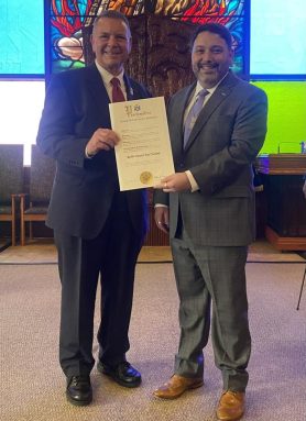 Senator Steve Rhoads (L,) and rabbi Daniel Bar-Nahum (R) as the rabbi was celebrated for his 13 years of service on April 5