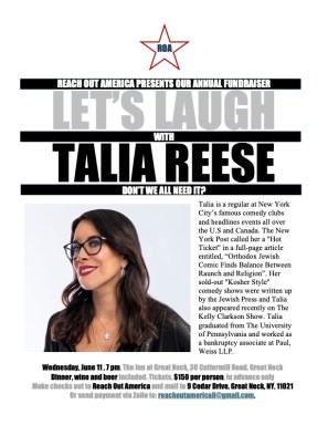 Reach Out America will host its annual fundraiser "Let's Laugh with Talia Reese" on Wednesday, June 11, starting at 7 p.m. at The Inn at Great Neck.