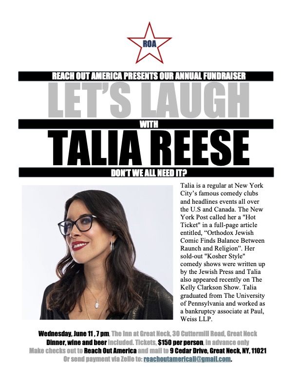 Reach Out America will host its annual fundraiser "Let's Laugh with Talia Reese" on Wednesday, June 11, starting at 7 p.m. at The Inn at Great Neck.