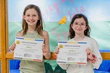 Vernon School fourth graders Katie Dunne and Kira Scanlon earned first place in the elementary division of the 2025 Long Island Spring Stock Market Game.