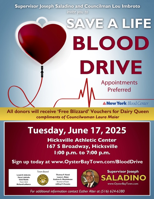 Town of Oyster Bay to host blood drive in Hicksville.