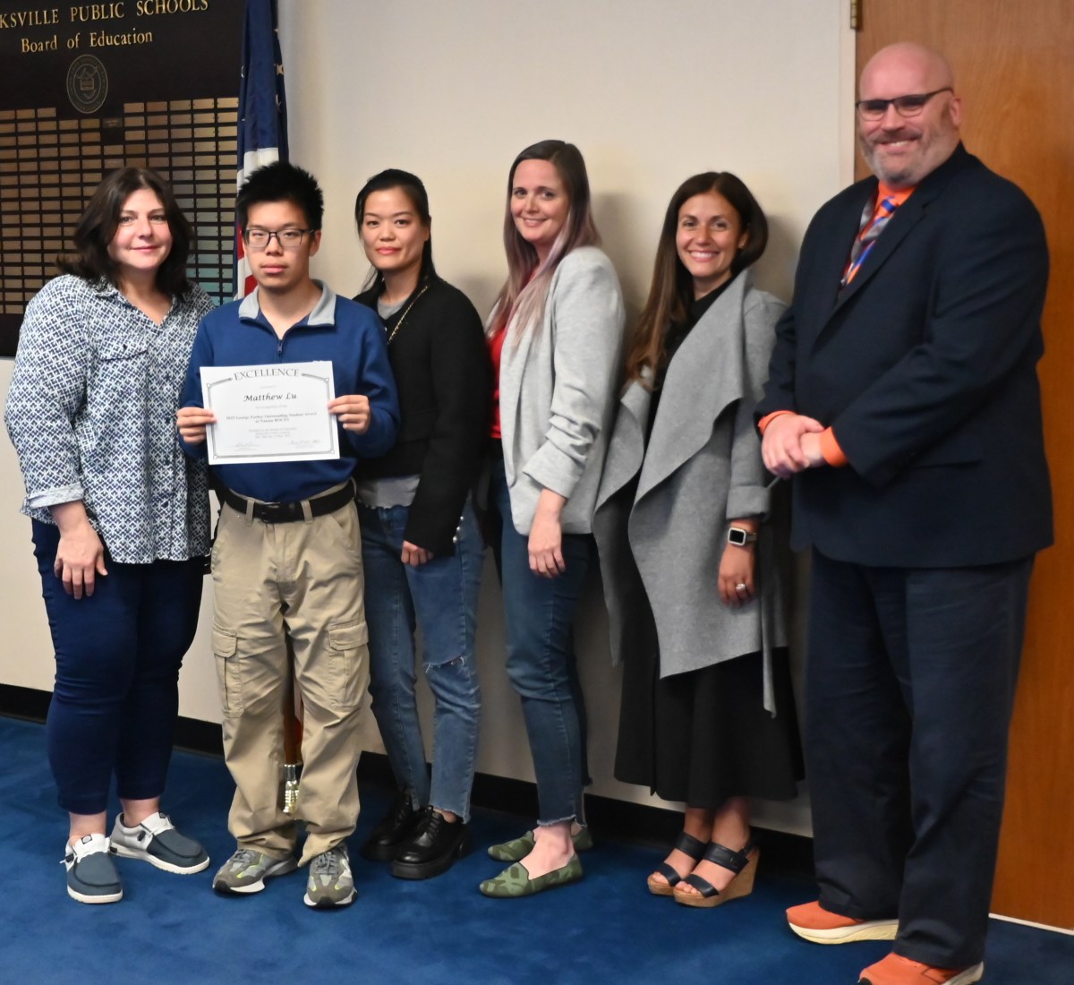 Hicksville Board of Education Secretary Linda Imbriale, student Matthew Lu, parent Jennifer Chen, school psychologist and Coordinator for Special Services Courtney Selvaggi, Executive Director of Special Education and PPS Inna Mishiev and Hicksville Superintendent of Schools Ted Fulton (L.to R.).