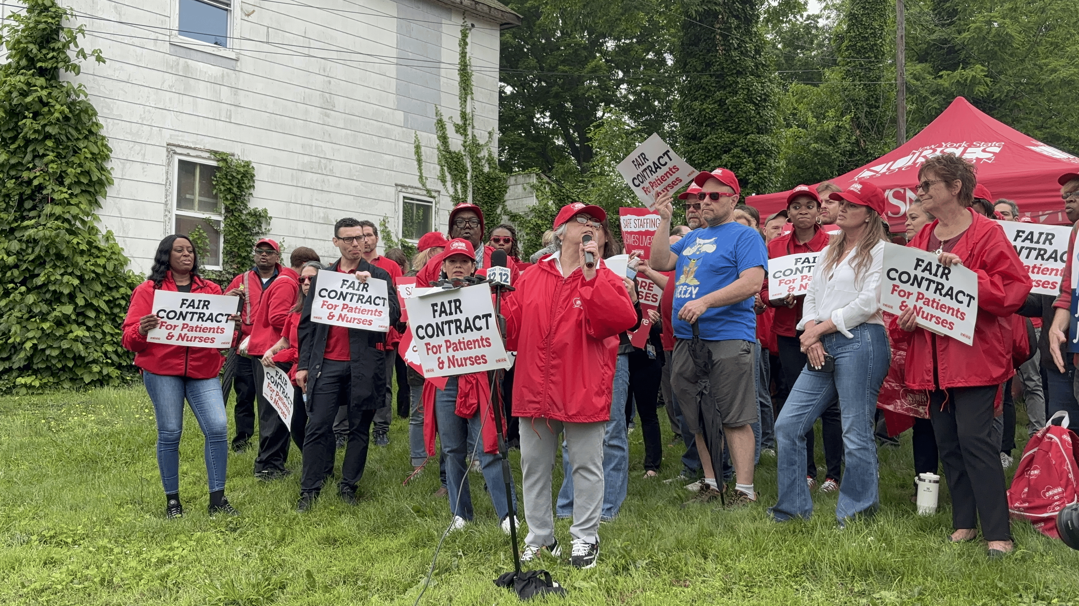 Nurses picket outside of Huntington Hospital to demand fair contracts and safer staffing practices from its parent company, Northwell Health.