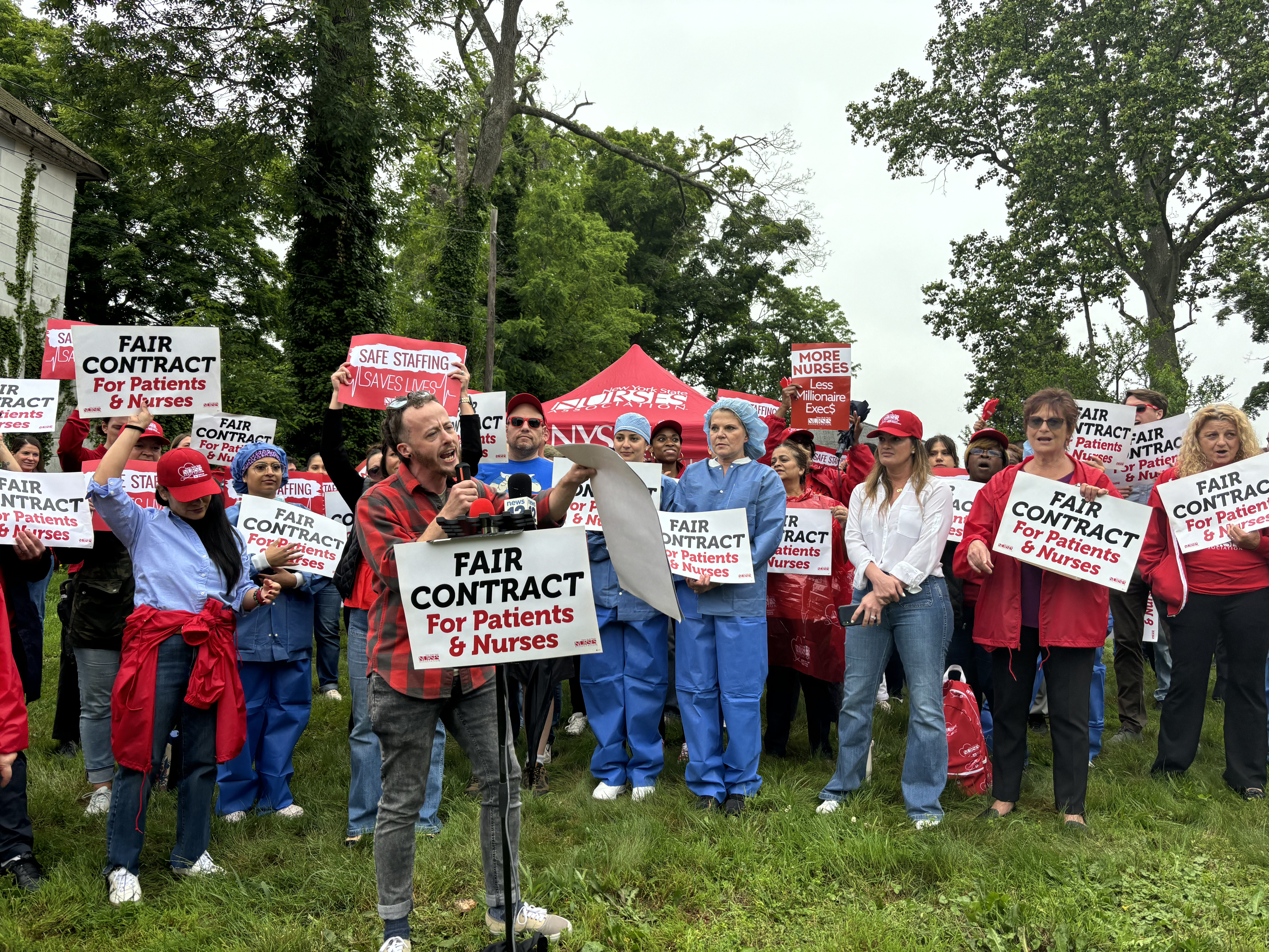 Nurses picket outside of Huntington Hospital to demand fair contracts and safer staffing practices from its parent company, Northwell Health.