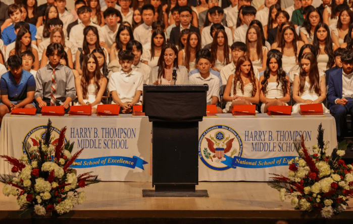 Lynn Abramson, board of education trustee, speaks at the H.B. Thompson moving up ceremony.