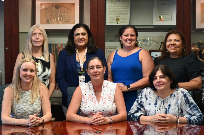 The members of the 2025-2026 Hicksville Board of Education: (back row L. to R.) trustees Irene Carlomusto, Sunita Manjrekar, Danielle Fotopoulos, Patricia Bulerin, (front row L. to R.) Secretary Erin Guida, President Annette Beiner and Vice President Linda Imbriale.