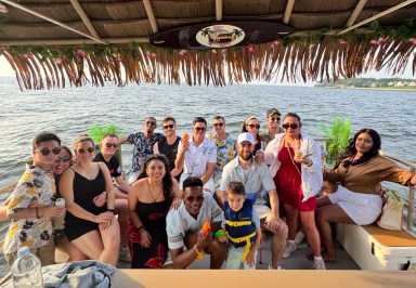 The Glen Cove port tiki boat holds up to 18 passengers as it travels the Long Island Sound