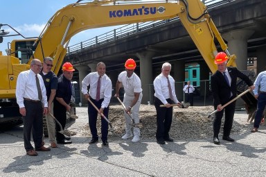 Officials break ground on public projects as part of the Hicksville Downtown Revitalization Initiative.
