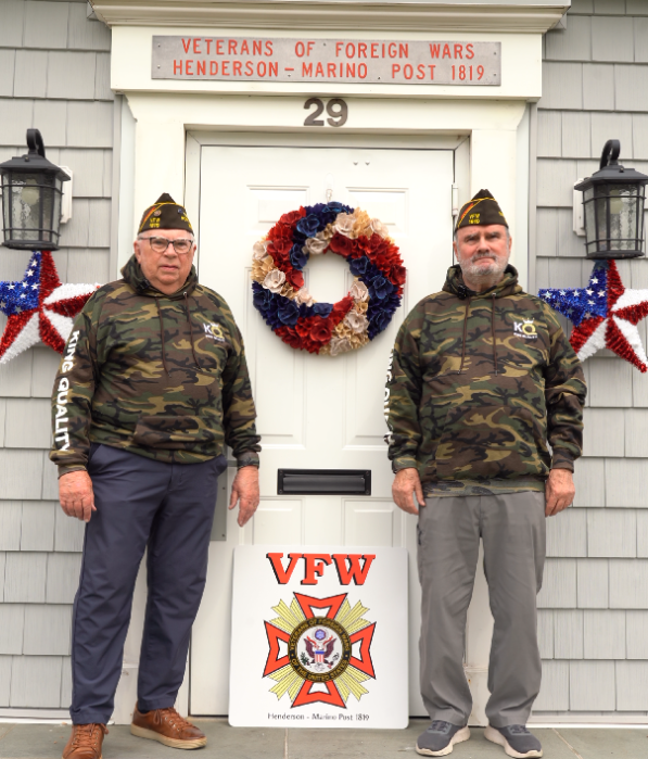 VFW Post 1819 reopened their recreation center for veterans, thanks to a donation by King Quality Roofing and Siding. Commander Robert Freeland (L.) and Trustee Jerry Tedeschi (R.).
