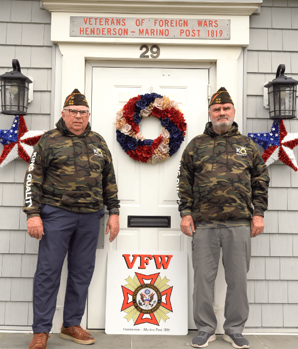 VFW Post 1819 reopened their recreation center for veterans, thanks to a donation by King Quality Roofing and Siding. Commander Robert Freeland (L.) and Trustee Jerry Tedeschi (R.).