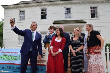 Oyster Bay Town Supervisor Joseph Saladino (Far L.) takes a selfie with representatives from the Robert David Lion Gardiner Foundation, the Oyster Bay Railroad Museum, Theodore Roosevelt Sanctuary & Audubon Center and Raynham Hall Museum